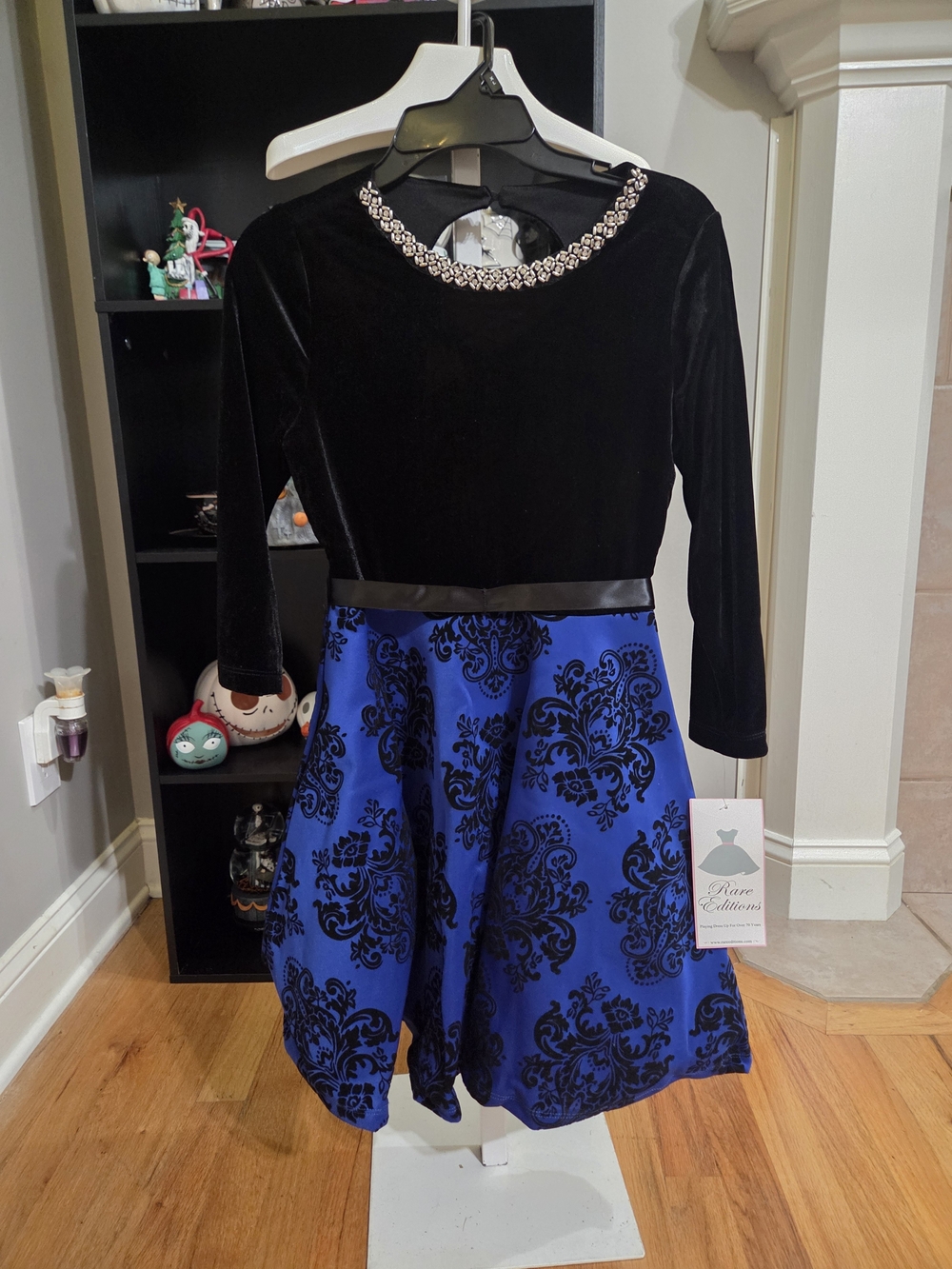 Rare Editions Black Velvet Bodice with Royal Blue Damask Skirt Girls' Dress